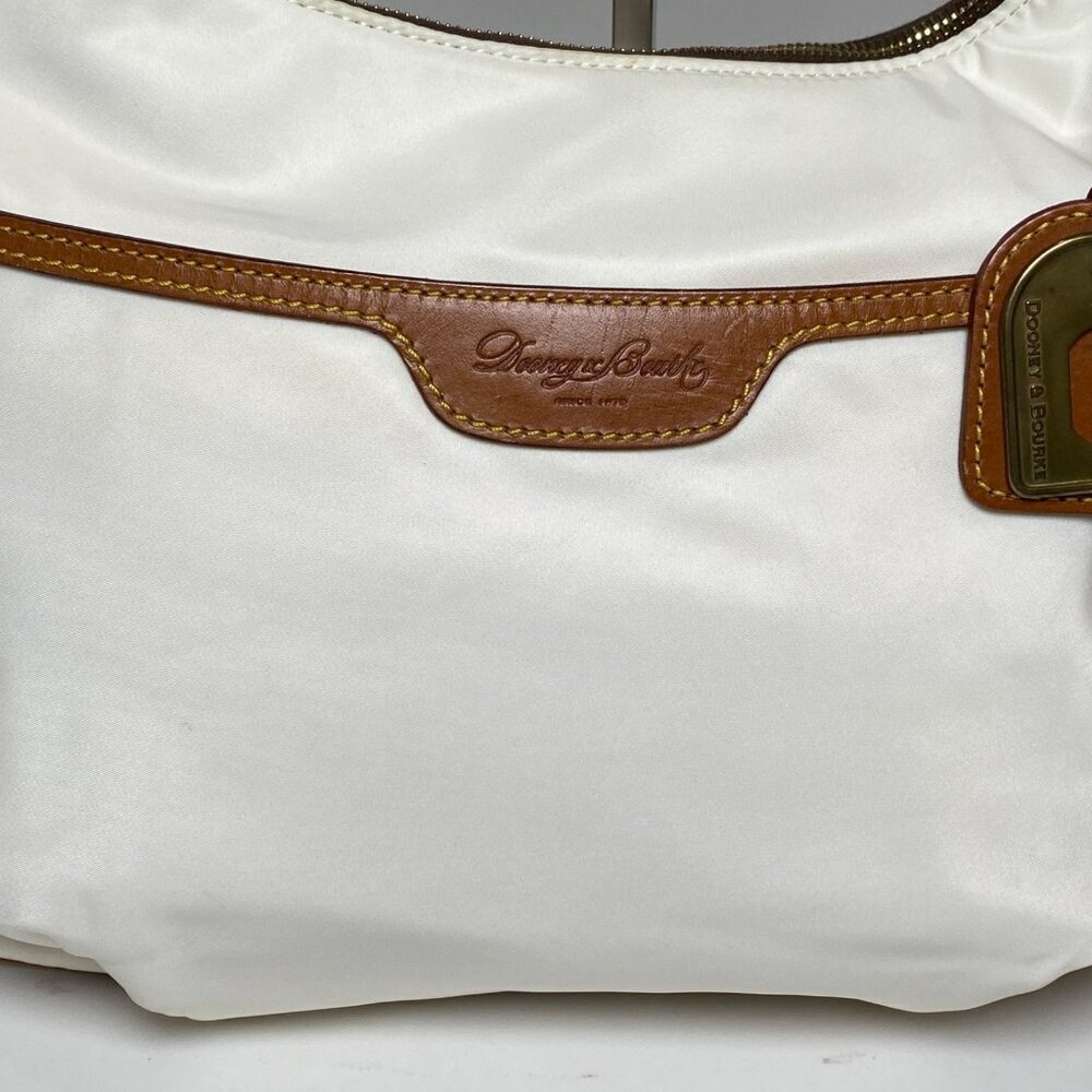 Dooney & Burke Nylon Hobo Shoulder Bag Purse White Brown Leather Handle Duck Tag - Picture 2 of 12